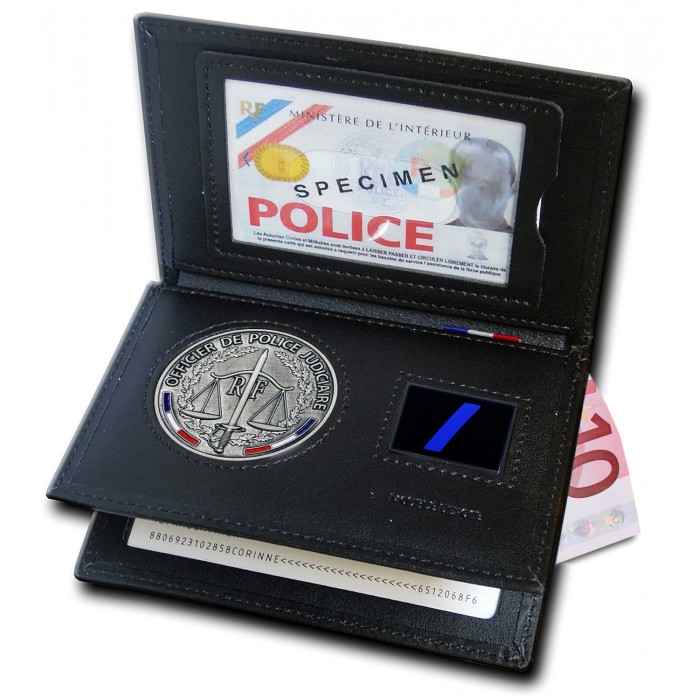 Portecarte OPJ 3 volets avec médaille et grade, cuir véritable