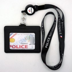 Tour de cou Police + enrouleur + porte-carte cuir noir Police Nationale fond blanc