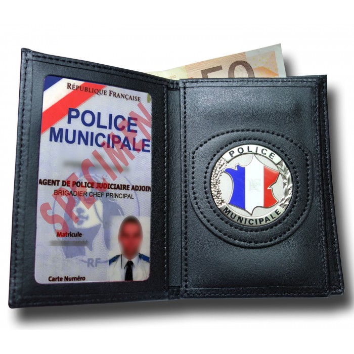 Porte-carte Police: 3 volets avec médaille et grade, cuir véritable