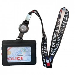 Tour de cou Police + enrouleur + porte-carte cuir noir Ministere Interieur